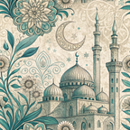 teal, cream, beige, islamic architecture, mosque, minarets, domes, crescent moon, stars, floral motifs, ornate patterns, paisley, decorative swirls, middle eastern,, fabric panel, intricate details, botanical elements, geometric designs, vintage style