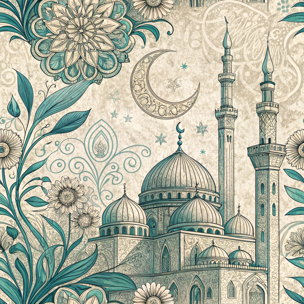 teal, cream, beige, islamic architecture, mosque, minarets, domes, crescent moon, stars, floral motifs, ornate patterns, paisley, decorative swirls, middle eastern,, fabric panel, intricate details, botanical elements, geometric designs, vintage style