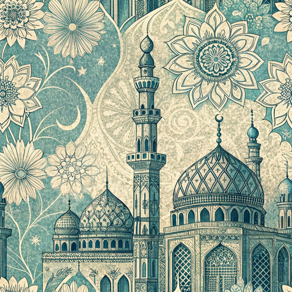 teal, cream, beige, islamic architecture, mosque, minaret, dome, mandala flowers, geometric patterns, crescent moon, stars, ornate details, middle eastern,, fabric panel, intricate design, spiritual motifs, decorative elements, paisley swirls, architectural silhouette