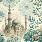teal, sage green, cream, beige, mosque, minarets, islamic architecture, mandala patterns, botanical motifs, leafy vines, floral designs, geometric patterns, ornate details, middle eastern style,, fabric panel, decorative flourishes, intricate linework, vintage illustration, peaceful atmosphere