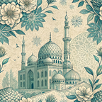 islamic architecture, mosque, minarets, domes, teal blue, cream beige, sage green, floral motifs, botanical elements, leaves, flowers, geometric patterns, arabic design, middle eastern, ornate details,, fabric panel, decorative art, intricate linework, paisley elements