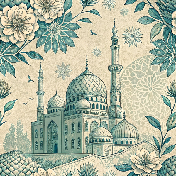 islamic architecture, mosque, minarets, domes, teal blue, cream beige, sage green, floral motifs, botanical elements, leaves, flowers, geometric patterns, arabic design, middle eastern, ornate details,, fabric panel, decorative art, intricate linework, paisley elements