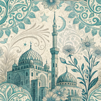 teal, cream, beige, islamic architecture, mosque, minaret, dome, floral motifs, paisley, scrollwork, ornate patterns, crescent moon, star, botanical elements, leaves, flowers, decorative swirls, middle eastern, intricate details,, fabric panel