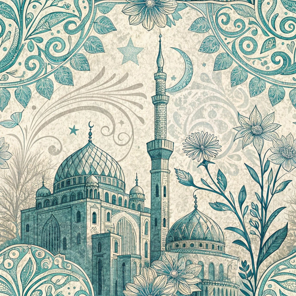 teal, cream, beige, islamic architecture, mosque, minaret, dome, floral motifs, paisley, scrollwork, ornate patterns, crescent moon, star, botanical elements, leaves, flowers, decorative swirls, middle eastern, intricate details,, fabric panel