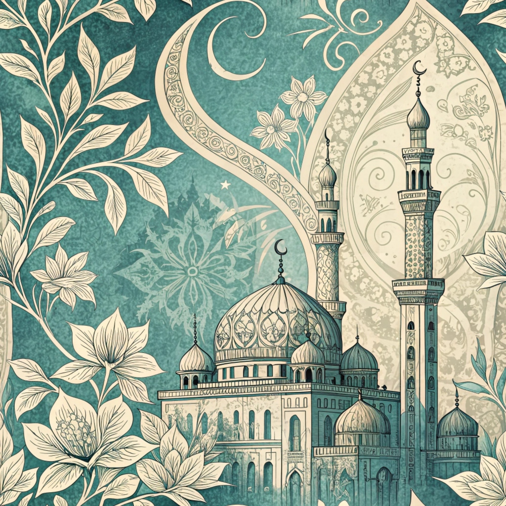 teal, turquoise, cream, beige, islamic architecture, mosque, minarets, domes, crescent moon, floral motifs, botanical elements, leaves, flowers, ornate patterns, decorative scrollwork,, fabric panel, middle eastern, intricate details, paisley shapes
