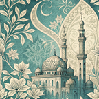 teal, turquoise, cream, beige, islamic architecture, mosque, minarets, domes, crescent moon, floral motifs, botanical elements, leaves, flowers, ornate patterns, decorative scrollwork,, fabric panel, middle eastern, intricate details, paisley shapes