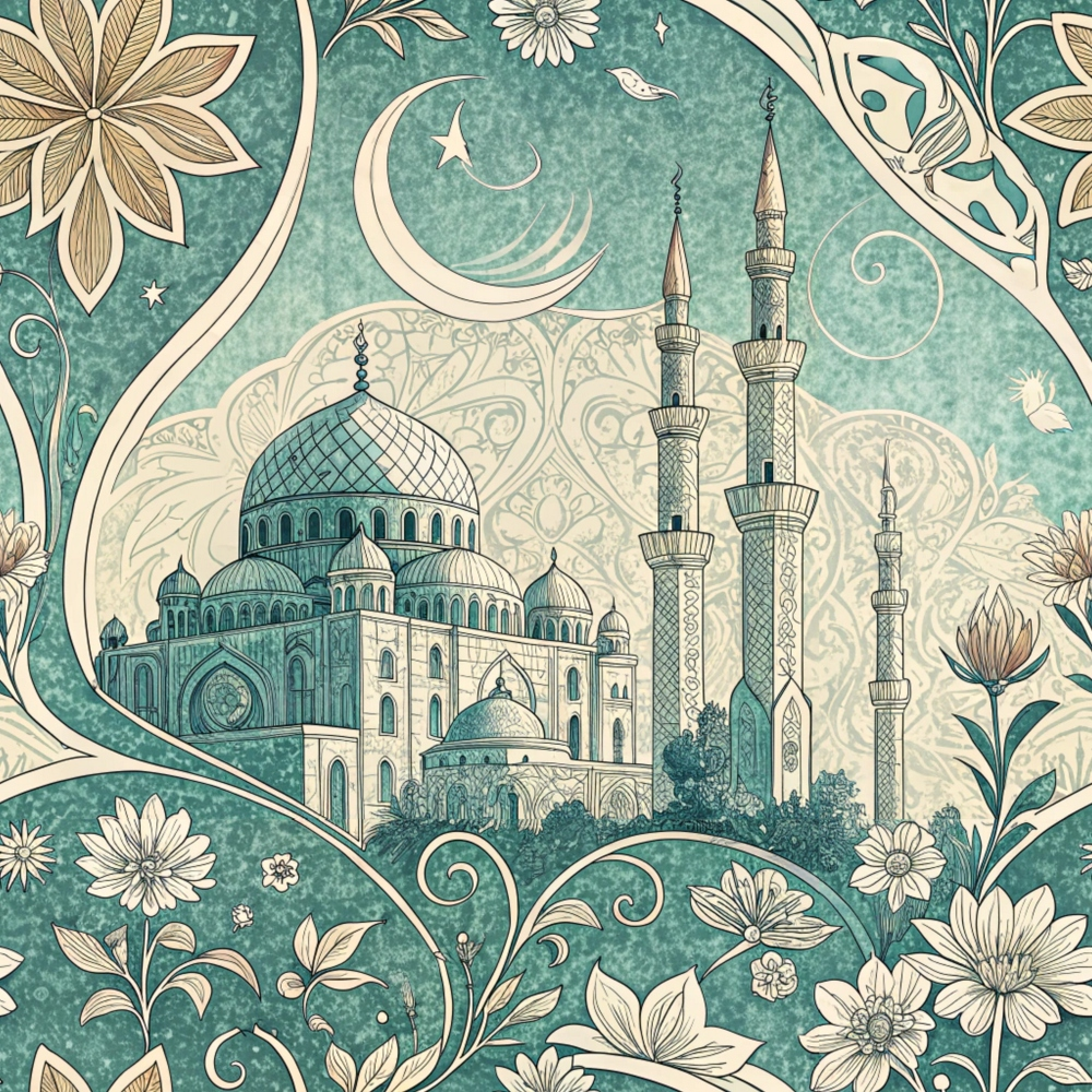turquoise, teal, cream, beige, mosque, minarets, crescent moon, star, islamic architecture, domes, floral motifs, botanical elements, ornate patterns, decorative scrollwork, middle eastern, spiritual themes,, fabric panel, intricate details, paisley designs