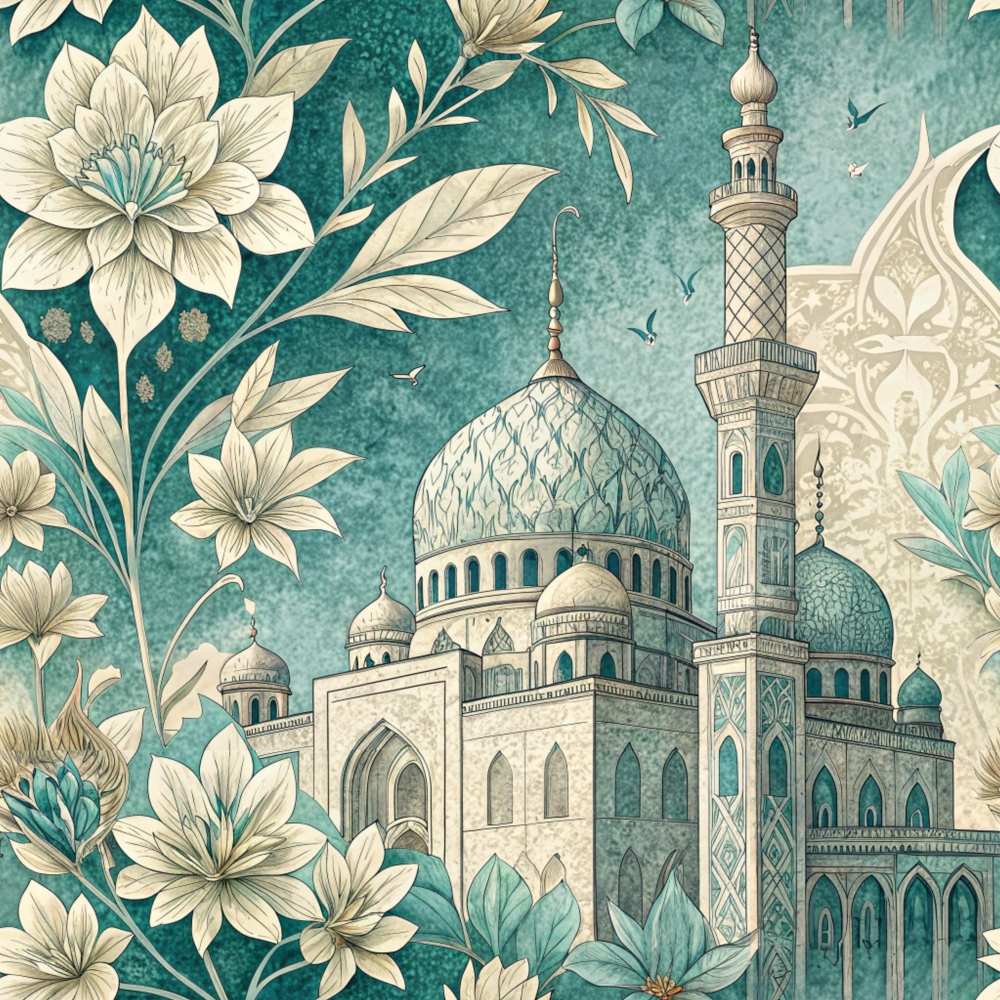 teal, turquoise, cream, beige, islamic mosque, minaret, dome, floral motifs, botanical elements, leaves, flowers, geometric patterns, middle eastern architecture, ornate details, decorative art,, fabric panel, intricate design, vintage style, cultural motifs