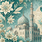 teal, turquoise, cream, beige, islamic mosque, minaret, dome, floral motifs, botanical elements, leaves, flowers, geometric patterns, middle eastern architecture, ornate details, decorative art,, fabric panel, intricate design, vintage style, cultural motifs