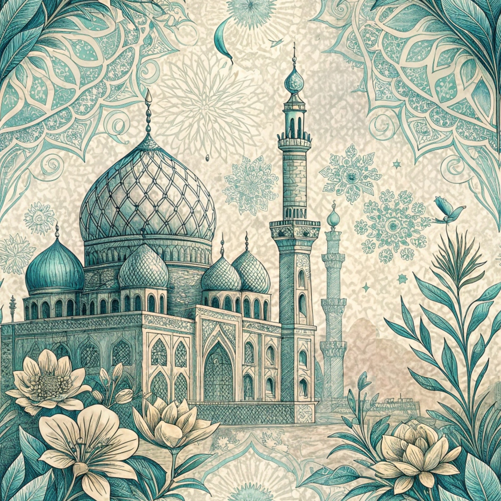 teal, turquoise, cream, beige, islamic architecture, mosque, minaret, dome, ornate patterns, botanical motifs, lotus flowers, decorative leaves, middle eastern style, intricate details,, fabric panel, geometric designs, mandala patterns, elegant flourishes, vintage illustration