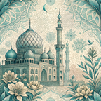 teal, turquoise, cream, beige, islamic architecture, mosque, minaret, dome, ornate patterns, botanical motifs, lotus flowers, decorative leaves, middle eastern style, intricate details,, fabric panel, geometric designs, mandala patterns, elegant flourishes, vintage illustration