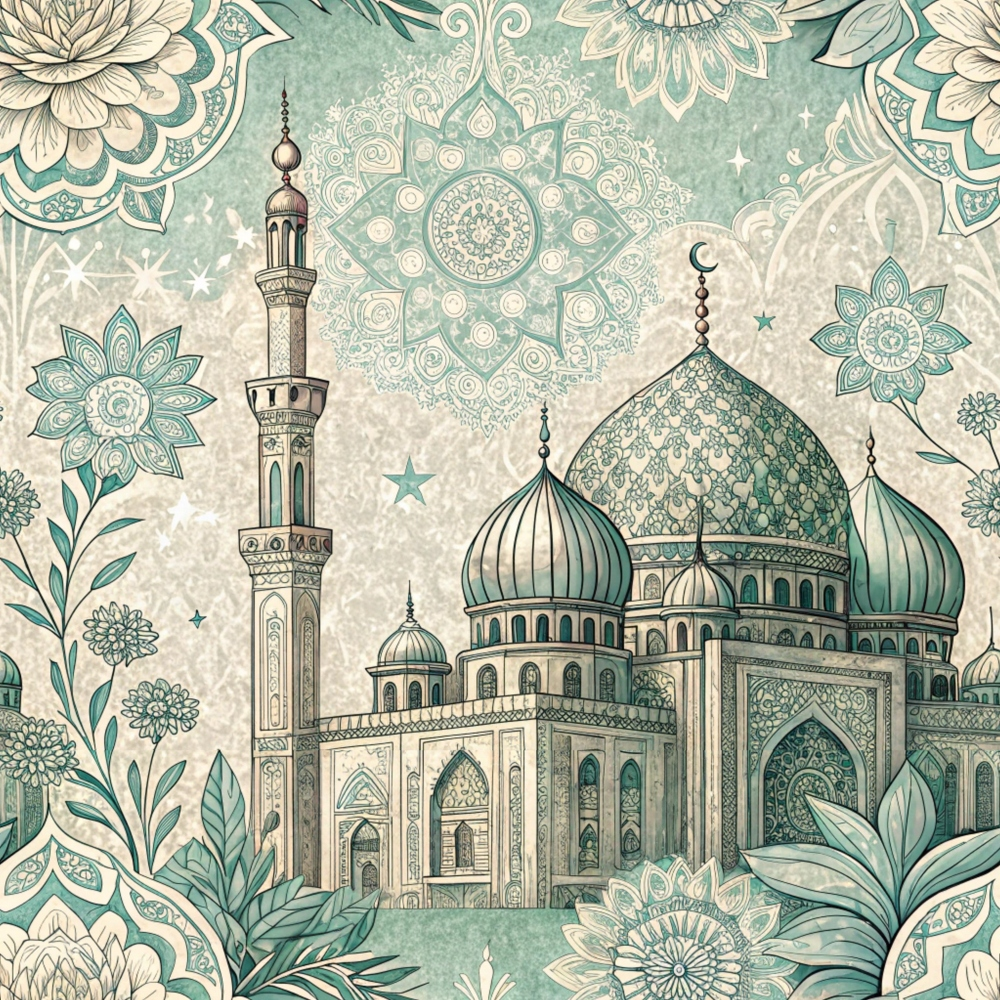 sage green, cream, beige, islamic architecture, mosque, minaret, dome, mandala patterns, floral motifs, geometric designs, ornate details, middle eastern,, fabric panel, intricate linework, paisley elements, decorative borders, spiritual themes, architectural illustration, botanical accents