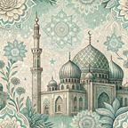 sage green, cream, beige, islamic architecture, mosque, minaret, dome, mandala patterns, floral motifs, geometric designs, ornate details, middle eastern,, fabric panel, intricate linework, paisley elements, decorative borders, spiritual themes, architectural illustration, botanical accents