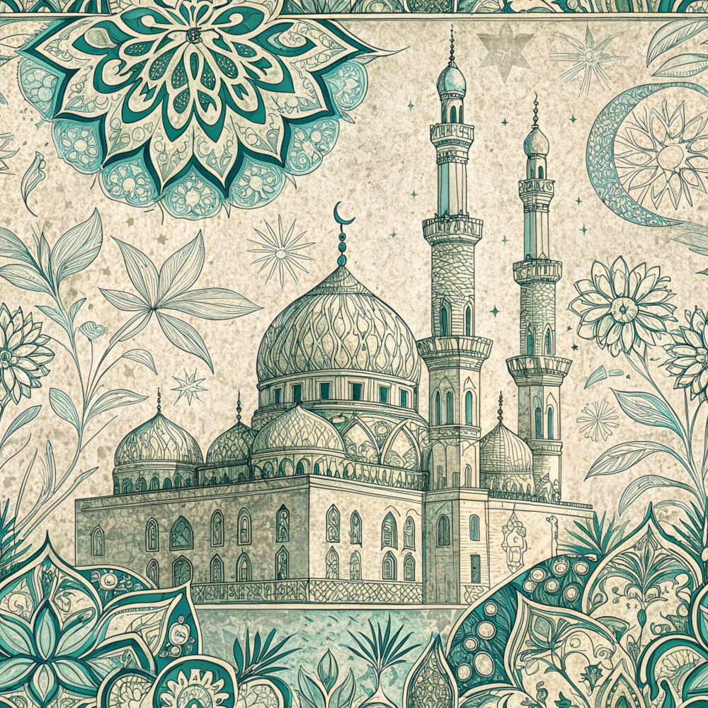 turquoise, teal, cream, beige, mosque, minarets, domes, islamic architecture, mandala, floral motifs, geometric patterns, crescent moon, stars, ornate details, middle eastern,, fabric panel, botanical elements, decorative borders, vintage style
