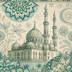 turquoise, teal, cream, beige, mosque, minarets, domes, islamic architecture, mandala, floral motifs, geometric patterns, crescent moon, stars, ornate details, middle eastern,, fabric panel, botanical elements, decorative borders, vintage style