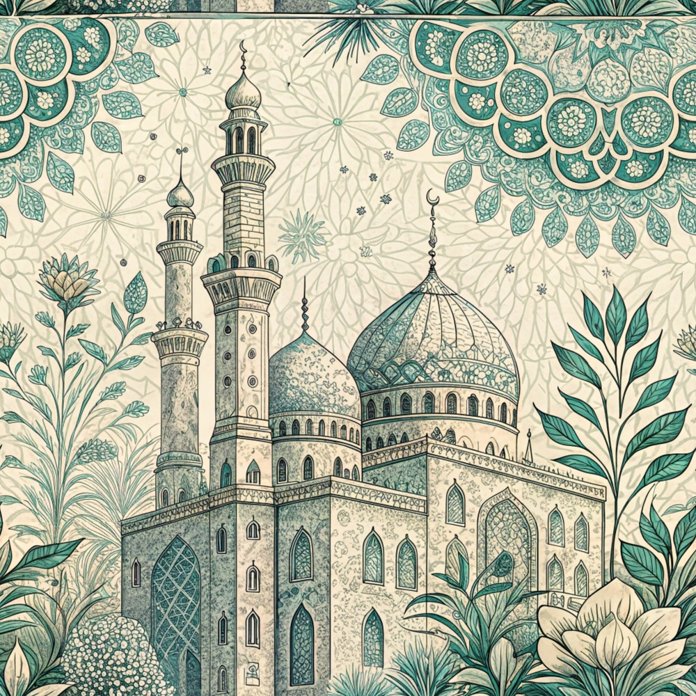 islamic architecture, mosque, minarets, dome, teal green, sage green, cream, beige, botanical motifs, ornate florals, mandala patterns, geometric designs, arabic style, middle eastern, decorative leaves, intricate details,, fabric panel, exotic patterns, architectural illustration