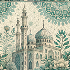 islamic architecture, mosque, minarets, dome, teal green, sage green, cream, beige, botanical motifs, ornate florals, mandala patterns, geometric designs, arabic style, middle eastern, decorative leaves, intricate details,, fabric panel, exotic patterns, architectural illustration