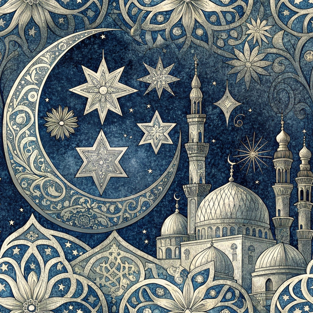 dark blue, navy blue, cream, beige, islamic patterns, crescent moon, stars, mosque, minarets, domes, geometric designs, ornate details, celestial motifs, arabic architecture, intricate scrollwork,, fabric panel, middle eastern, decorative flourishes, night sky
