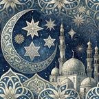 dark blue, navy blue, cream, beige, islamic patterns, crescent moon, stars, mosque, minarets, domes, geometric designs, ornate details, celestial motifs, arabic architecture, intricate scrollwork,, fabric panel, middle eastern, decorative flourishes, night sky