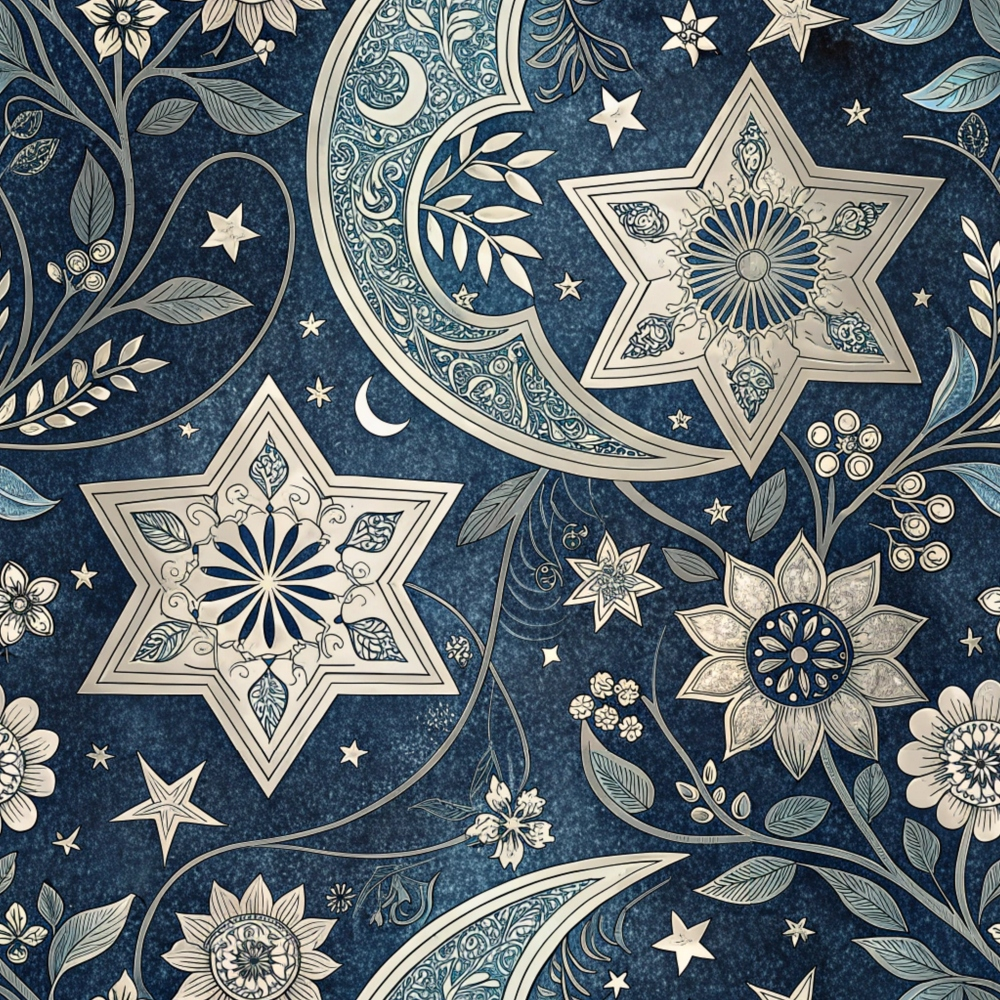 dark blue, navy blue, cream, beige, islamic patterns, geometric stars, crescent moon, paisley motifs, floral designs, ornate details, intricate scrollwork, celestial elements, decorative flourishes,, fabric panel, botanical elements, middle eastern style, mandala patterns, elegant design, sophisticated motifs