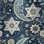 dark blue, navy blue, cream, beige, islamic patterns, geometric stars, crescent moon, paisley motifs, floral designs, ornate details, intricate scrollwork, celestial elements, decorative flourishes,, fabric panel, botanical elements, middle eastern style, mandala patterns, elegant design, sophisticated motifs