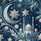 dark blue, navy blue, cream, white, silver, islamic pattern, mosque, minarets, crescent moon, stars, geometric design, ornate details, middle eastern, celestial motifs, intricate flourishes, decorative elements,, fabric panel, spiritual theme, architectural elements