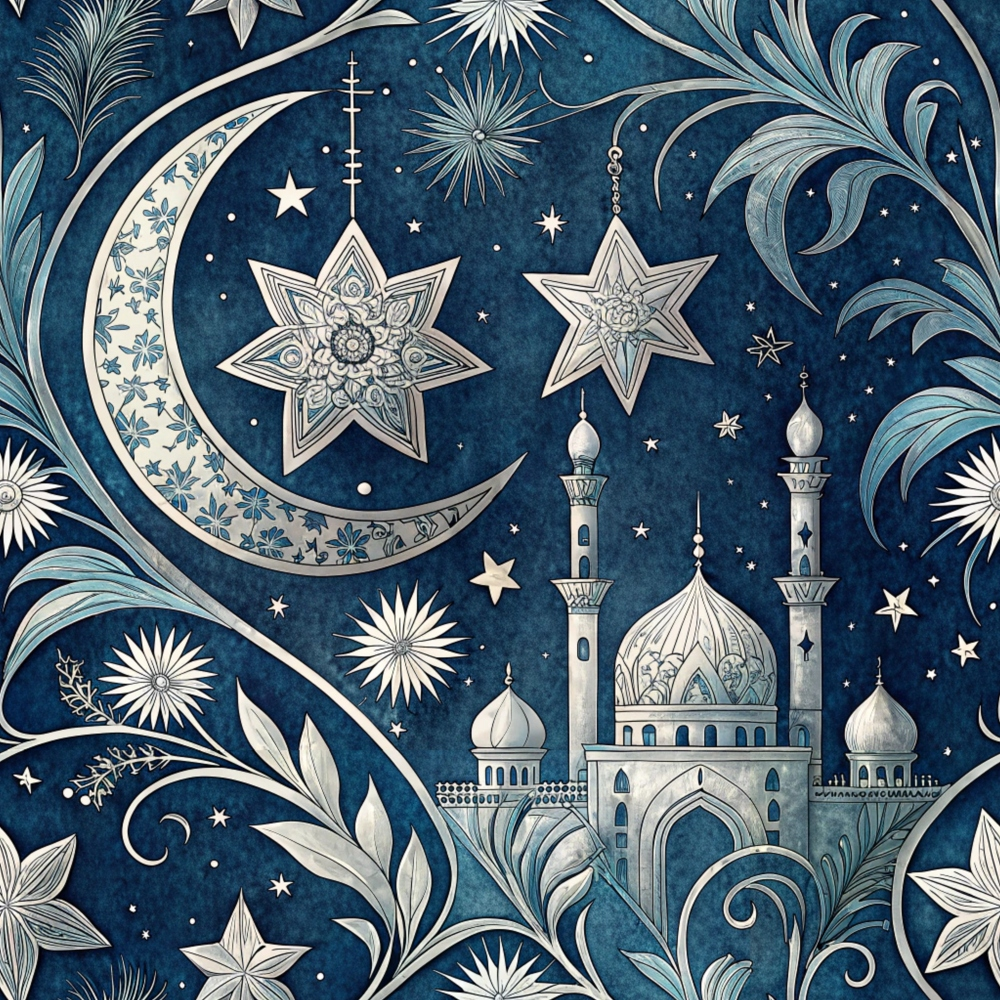 dark blue, navy blue, cream, white, silver, islamic pattern, mosque, minarets, crescent moon, stars, geometric design, ornate details, middle eastern, celestial motifs, intricate flourishes, decorative elements,, fabric panel, spiritual theme, architectural elements