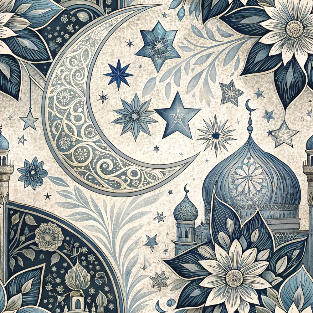 islamic pattern, dark blue, navy blue, cream, beige, crescent moon, stars, mosque domes, minarets, ornate florals, paisley motifs, geometric designs, arabic architecture, celestial elements, intricate scrollwork, decorative stars, botanical elements,, fabric panel, middle eastern style, ornamental design