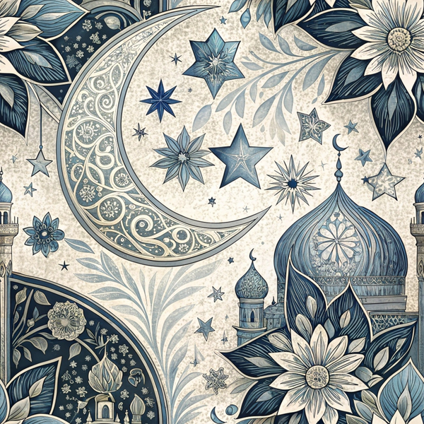 islamic pattern, dark blue, navy blue, cream, beige, crescent moon, stars, mosque domes, minarets, ornate florals, paisley motifs, geometric designs, arabic architecture, celestial elements, intricate scrollwork, decorative stars, botanical elements,, fabric panel, middle eastern style, ornamental design