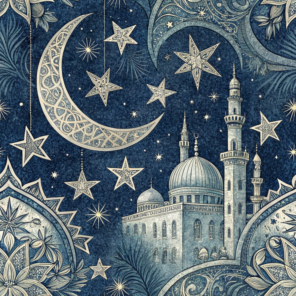 dark blue, navy blue, cream, beige, islamic architecture, mosque, crescent moon, stars, celestial, ornate patterns, geometric designs, minarets, dome, night sky, middle eastern, decorative flourishes,, fabric panel, intricate details, arabian nights