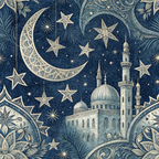 dark blue, navy blue, cream, beige, islamic architecture, mosque, crescent moon, stars, celestial, ornate patterns, geometric designs, minarets, dome, night sky, middle eastern, decorative flourishes,, fabric panel, intricate details, arabian nights