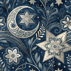 dark blue, navy blue, cream, beige, islamic pattern, paisley design, crescent moon, floral motifs, stars, ornate flowers, decorative swirls, botanical elements, leaves, feathers, intricate details,, fabric panel, celestial theme, middle eastern style, ornamental design