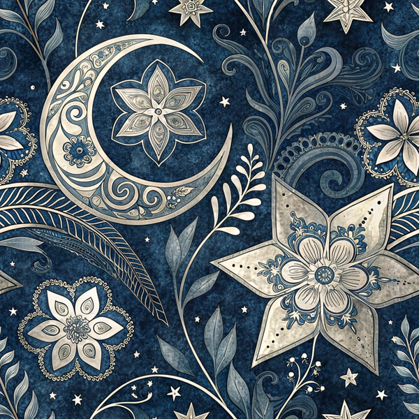 dark blue, navy blue, cream, beige, islamic pattern, paisley design, crescent moon, floral motifs, stars, ornate flowers, decorative swirls, botanical elements, leaves, feathers, intricate details,, fabric panel, celestial theme, middle eastern style, ornamental design