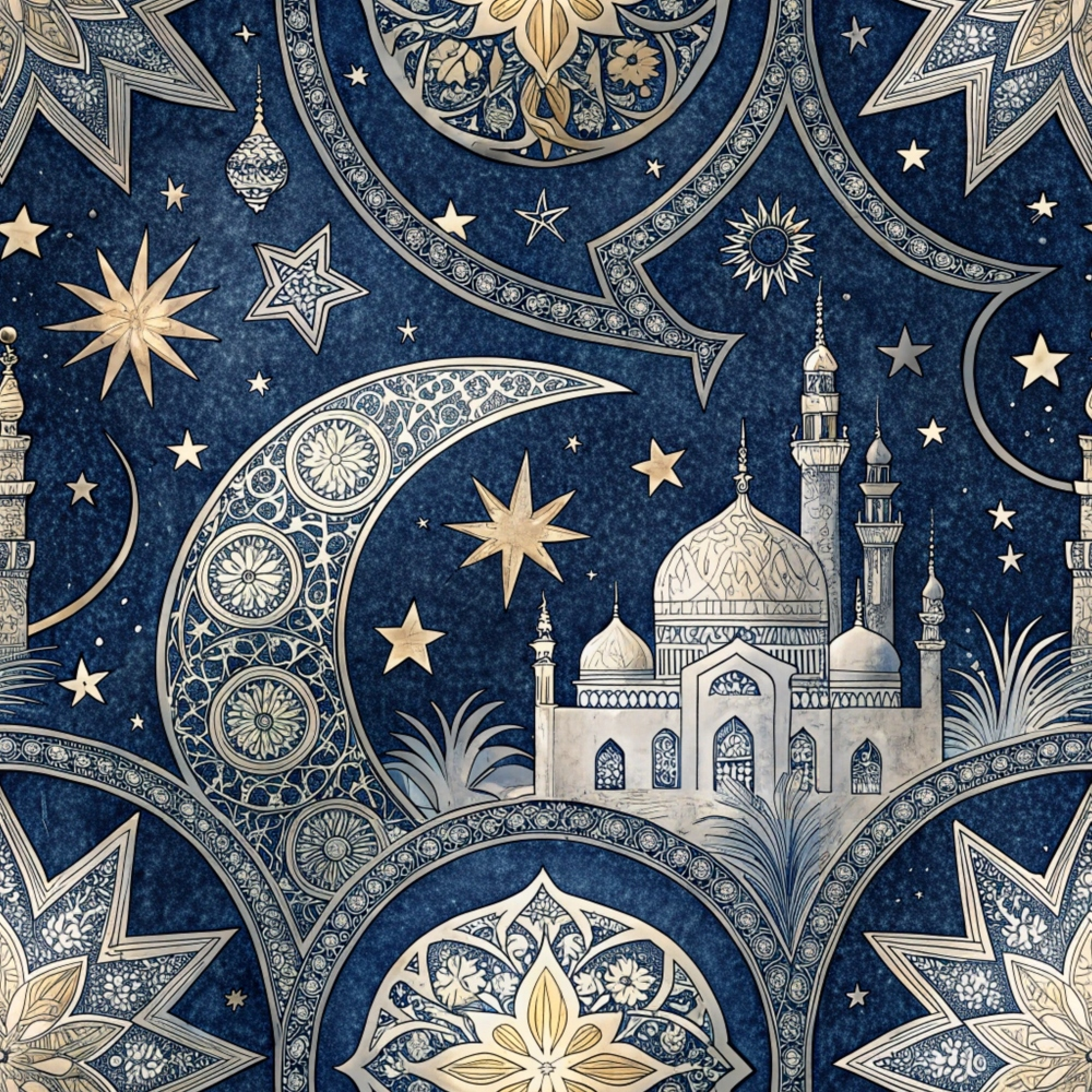 dark blue, navy blue, gold, cream, beige, islamic architecture, mosque, minarets, crescent moon, stars, celestial, ornate patterns, geometric designs, arabesque, intricate details,, fabric panel, middle eastern, decorative motifs, nighttime sky