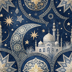 dark blue, navy blue, gold, cream, beige, islamic architecture, mosque, minarets, crescent moon, stars, celestial, ornate patterns, geometric designs, arabesque, intricate details,, fabric panel, middle eastern, decorative motifs, nighttime sky