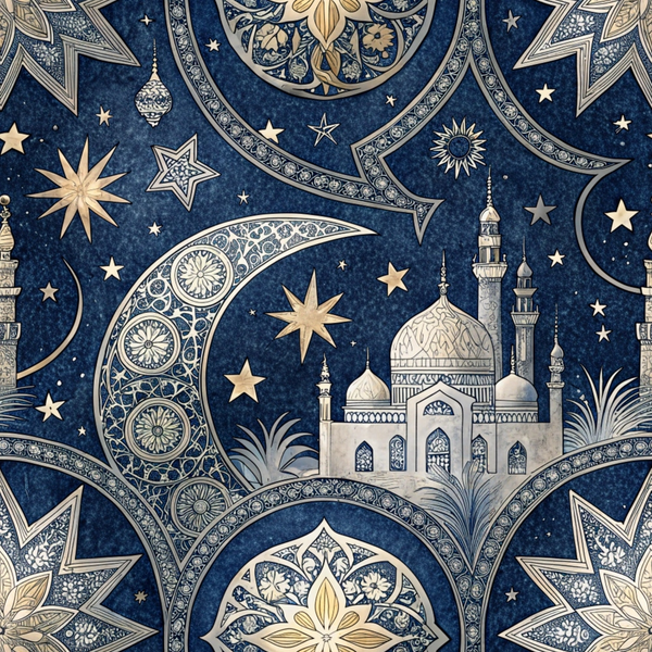 dark blue, navy blue, gold, cream, beige, islamic architecture, mosque, minarets, crescent moon, stars, celestial, ornate patterns, geometric designs, arabesque, intricate details,, fabric panel, middle eastern, decorative motifs, nighttime sky