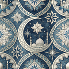 islamic patterns, dark blue, navy blue, cream, beige, crescent moon, mosque, minarets, stars, geometric designs, ornate details, middle eastern, religious motifs, celestial elements, intricate artwork,, fabric panel, decorative patterns, spiritual themes, architectural elements