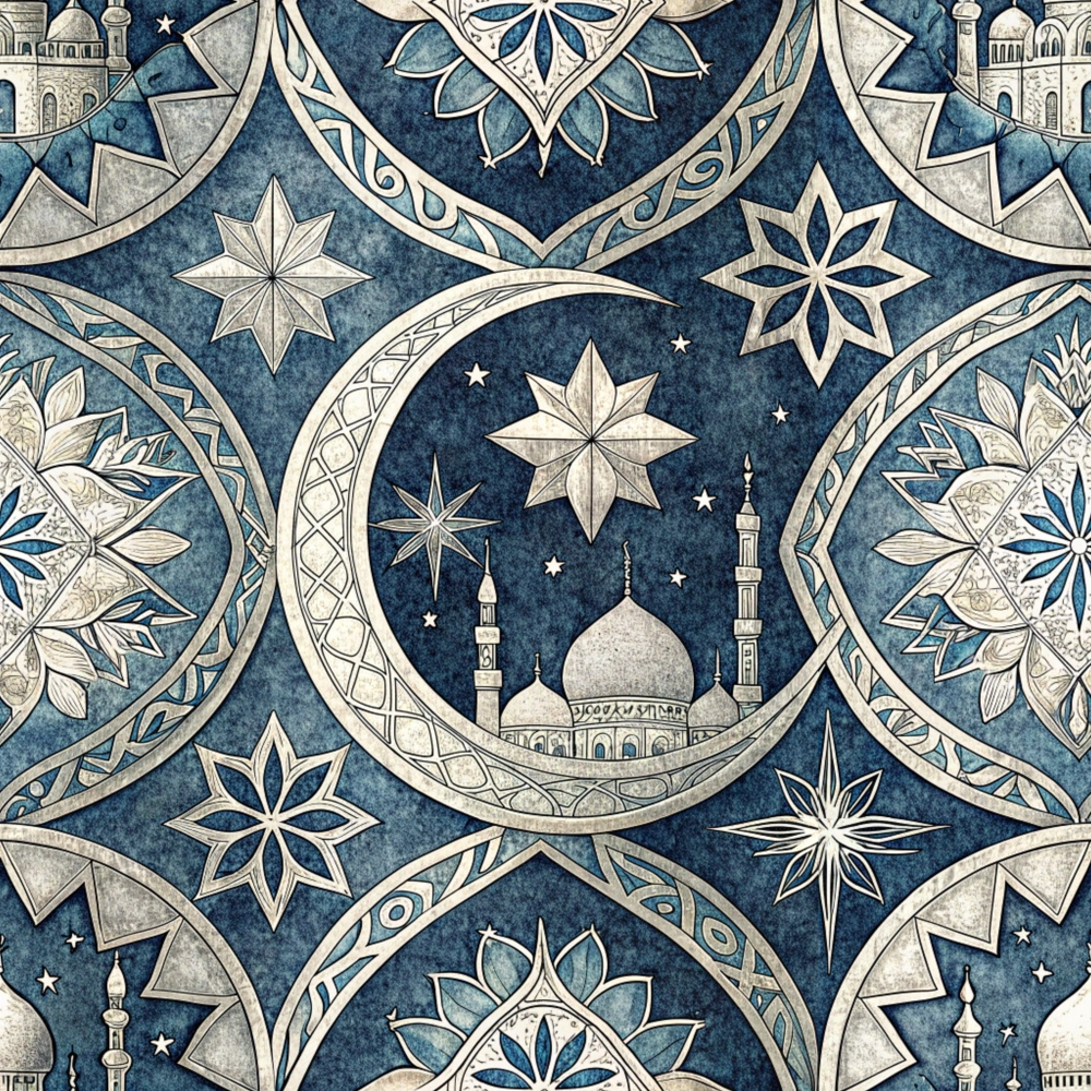 islamic patterns, dark blue, navy blue, cream, beige, crescent moon, mosque, minarets, stars, geometric designs, ornate details, middle eastern, religious motifs, celestial elements, intricate artwork,, fabric panel, decorative patterns, spiritual themes, architectural elements