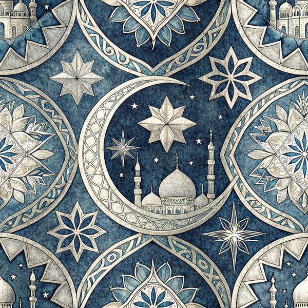 islamic patterns, dark blue, navy blue, cream, beige, crescent moon, mosque, minarets, stars, geometric designs, ornate details, middle eastern, religious motifs, celestial elements, intricate artwork,, fabric panel, decorative patterns, spiritual themes, architectural elements