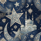 dark blue, navy blue, cream, beige, gold, islamic patterns, mosque, minaret, crescent moon, stars, ornate details, geometric designs, celestial motifs, arabian nights, middle eastern, intricate artwork,, fabric panel, decorative swirls, architectural elements, night sky, spiritual themes