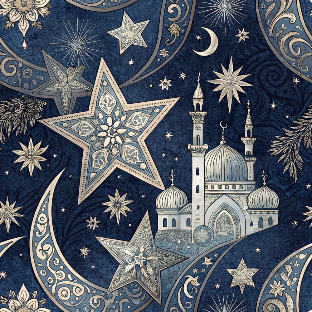dark blue, navy blue, cream, beige, gold, islamic patterns, mosque, minaret, crescent moon, stars, ornate details, geometric designs, celestial motifs, arabian nights, middle eastern, intricate artwork,, fabric panel, decorative swirls, architectural elements, night sky, spiritual themes