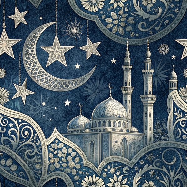 dark blue, navy blue, cream, gold, islamic architecture, mosque, minarets, crescent moon, stars, ornate patterns, arabic motifs, geometric designs, floral elements, decorative scrollwork,, fabric panel, middle eastern, celestial theme, intricate details, paisley swirls