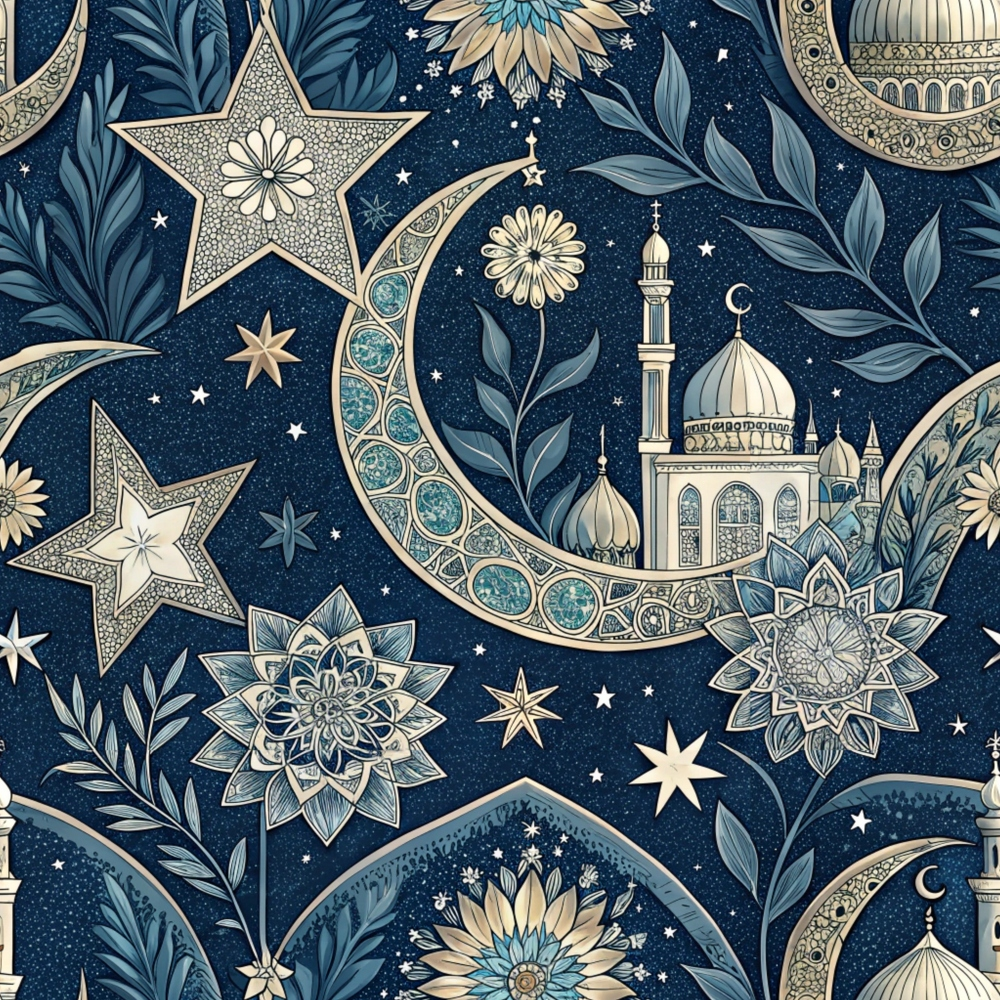 dark blue, navy blue, cream, beige, gold accents, islamic motifs, crescent moon, mosque, minaret, geometric stars, mandala patterns, floral designs, botanical elements, leaves, ornate details, intricate patterns, middle eastern style, decorative art,, fabric panel, celestial theme, architectural elements, sacred geometry
