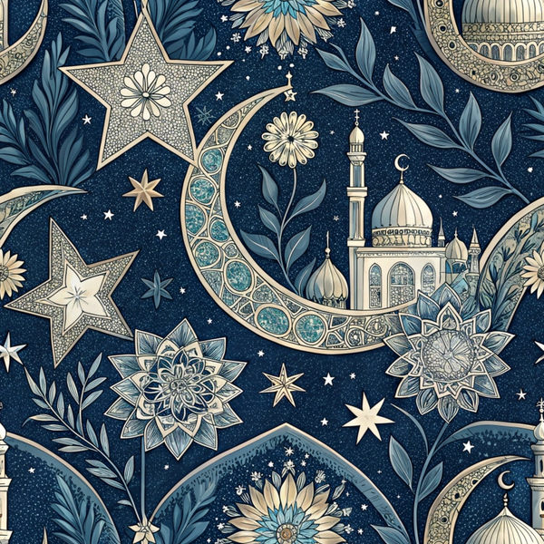 dark blue, navy blue, cream, beige, gold accents, islamic motifs, crescent moon, mosque, minaret, geometric stars, mandala patterns, floral designs, botanical elements, leaves, ornate details, intricate patterns, middle eastern style, decorative art,, fabric panel, celestial theme, architectural elements, sacred geometry