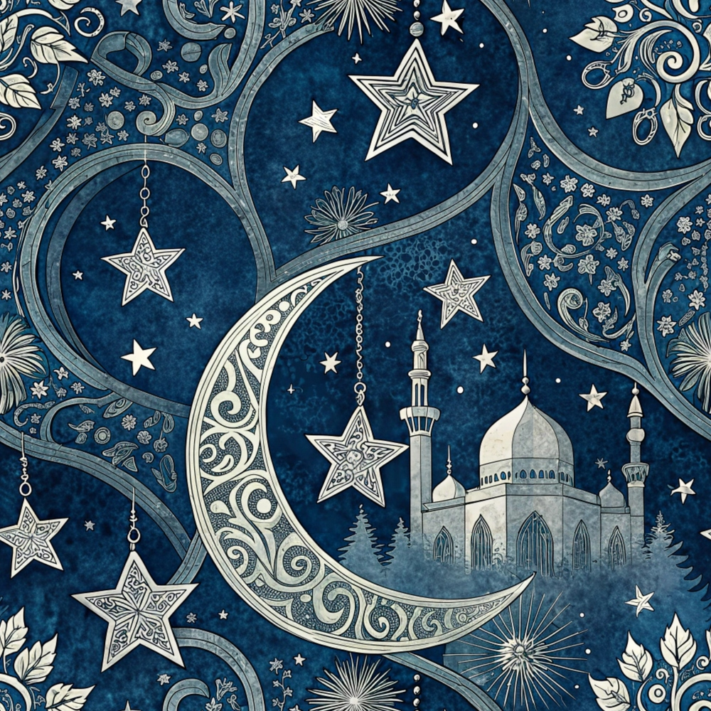 dark blue, navy blue, cream, white, silver, crescent moon, stars, mosque, islamic architecture, ornate patterns, swirls, flourishes, celestial, night sky, decorative motifs,, fabric panel, intricate design, arabian style, geometric stars