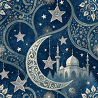 dark blue, navy blue, cream, white, silver, crescent moon, stars, mosque, islamic architecture, ornate patterns, swirls, flourishes, celestial, night sky, decorative motifs,, fabric panel, intricate design, arabian style, geometric stars