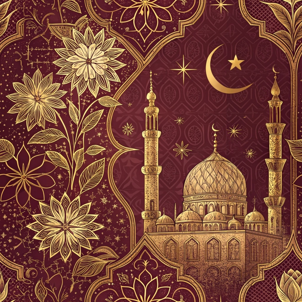 burgundy, maroon, gold, islamic architecture, mosque, minarets, dome, crescent moon, star, floral motifs, geometric patterns, ornate details, middle eastern, spiritual,, fabric panel, intricate design, decorative elements, arabian nights, celestial symbols