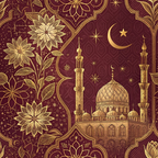 burgundy, maroon, gold, islamic architecture, mosque, minarets, dome, crescent moon, star, floral motifs, geometric patterns, ornate details, middle eastern, spiritual,, fabric panel, intricate design, decorative elements, arabian nights, celestial symbols