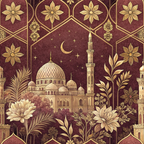 burgundy, gold, maroon, islamic architecture, mosque, minaret, dome, geometric patterns, floral motifs, star flowers, crescent moon, palm fronds, ornate design, middle eastern,, fabric panel, botanical elements, intricate details, decorative borders, celestial theme