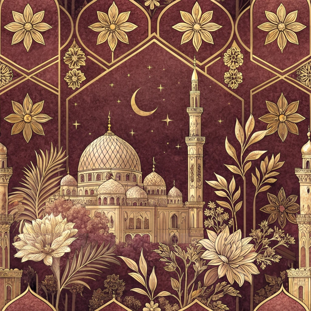 burgundy, gold, maroon, islamic architecture, mosque, minaret, dome, geometric patterns, floral motifs, star flowers, crescent moon, palm fronds, ornate design, middle eastern, quilting cotton, fabric panel, botanical elements, intricate details, decorative borders, celestial theme
